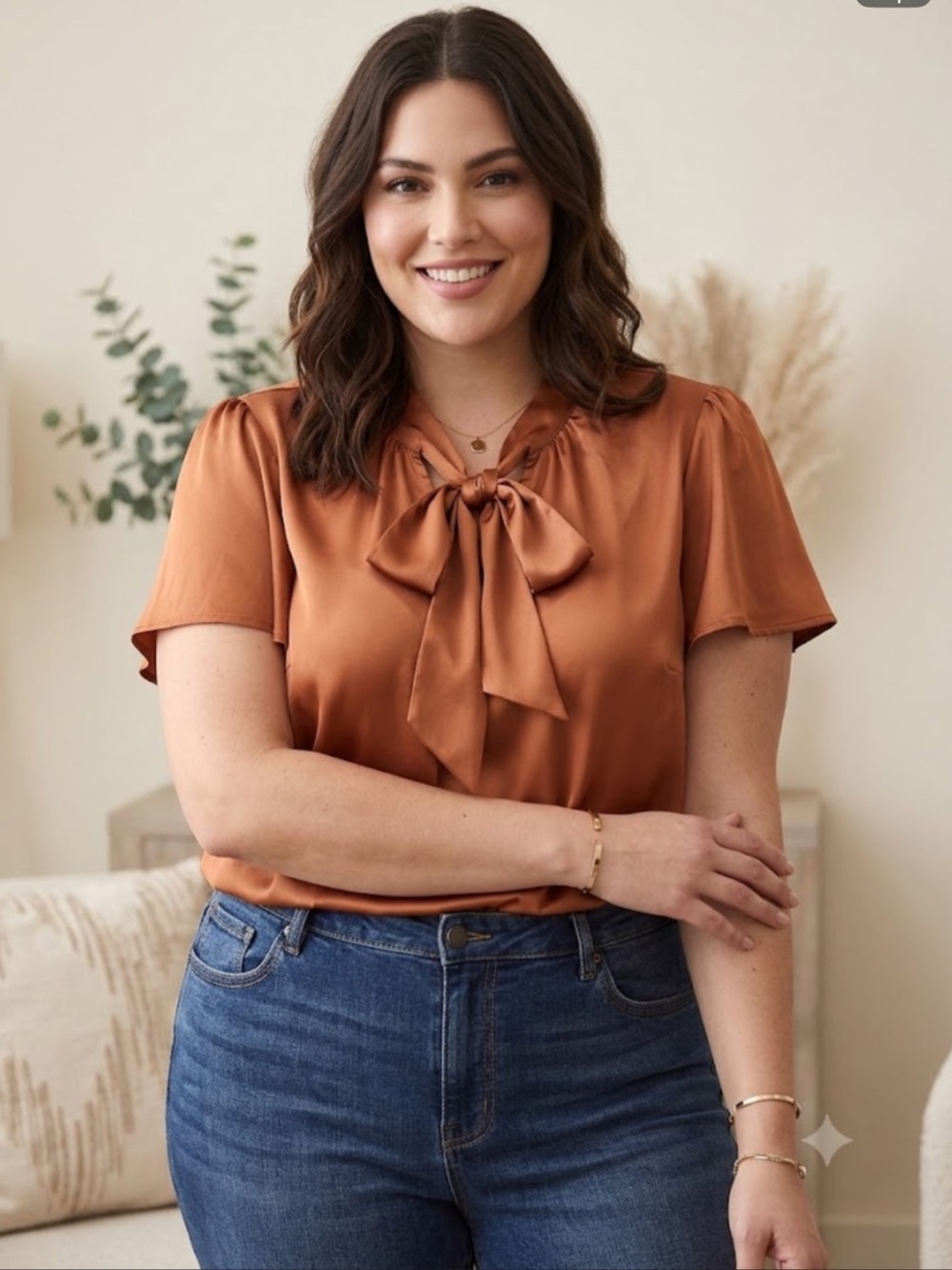 torrid Satin Tie-Neck Short Sleeve Blouse - Copper